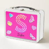 ホットピンク文字Sモノグラムガーリー新学期 メタルランチボックス (正面)