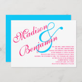 ホットピンク明るい赤紫色ティール(緑がかった色)ターコイズ結婚式招待状 招待状 (正面/裏面)