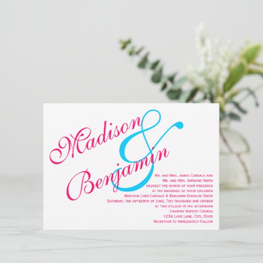 ホットピンク明るい赤紫色ティール（緑がかった色）ターコイズ結婚式招待状 招待状 (スタンド正面)