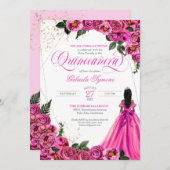 ホットピンク明るい赤紫色バラ&金ゴールドとガウンキンセアニラ 招待状 (正面/裏面)