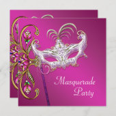 ホットピンク明るい赤紫色ピンクマスカレードパーティー 招待状 (正面/裏面)