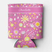 ホットピンク植物野草フローラ パーソナライズされた 缶クーラー (正面)