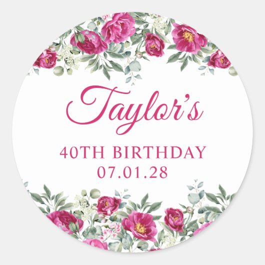 ホットピンク水彩牡丹40歳の誕生日 ラウンドシール (正面)