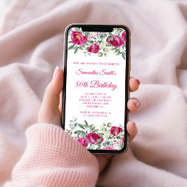 ホットピンク水彩牡丹50誕生日 招待状