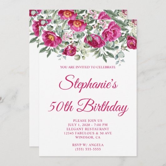 ホットピンク水彩牡丹50誕生日 招待状 (正面/裏面)