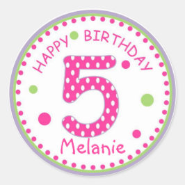 ホットピンク水玉模様ハッピーバースデー番号5 ラウンドシール