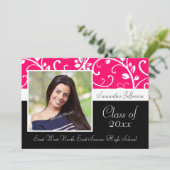 ホットピンク渦巻形のつる植物写真の卒業発表 招待状 (スタンド正面)