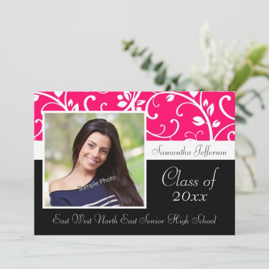 ホットピンク渦巻形のつる植物写真の卒業発表 招待状 (スタンド正面)