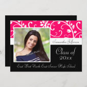 ホットピンク渦巻形のつる植物写真の卒業発表 招待状 (正面/裏面)