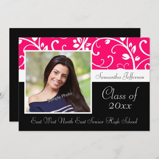 ホットピンク渦巻形のつる植物写真の卒業発表 招待状 (正面/裏面)