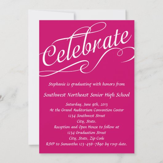 ホットピンク渦巻形のスクリプト卒業生 招待状 (裏面)