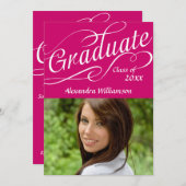 ホットピンク渦巻形のスクリプト卒業生 招待状 (正面/裏面)