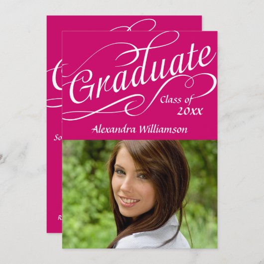 ホットピンク渦巻形のスクリプト卒業生 招待状 (正面/裏面)