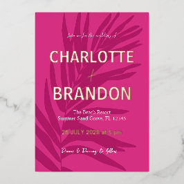 ホットピンク熱帯パーム結婚リーフ 箔招待状