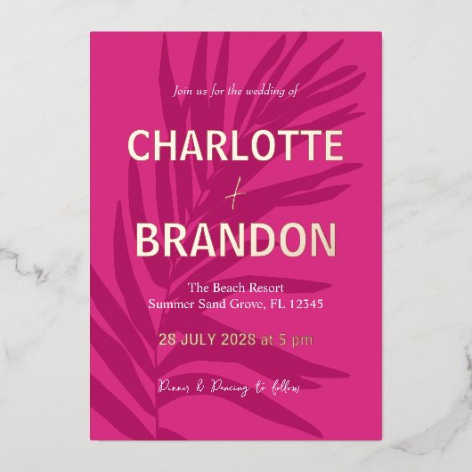 ホットピンク熱帯パーム結婚リーフ 箔招待状 (正面)
