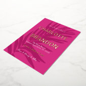 ホットピンク熱帯パーム結婚リーフ 箔招待状 (回転した状態)