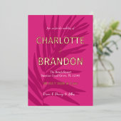 ホットピンク熱帯パーム結婚リーフ 箔招待状 (立ち正面)