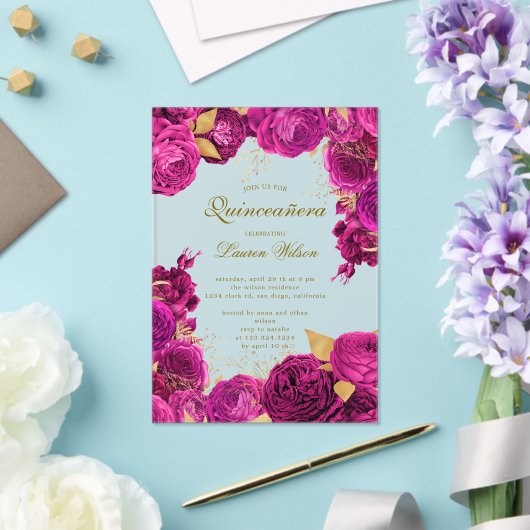 ホットピンク独占的フローラキンセアニェラ アクリル招待状 (インサイチュ (ウェディング))