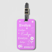 ホットピンク白い花カスタマイズ付き、 ラゲッジタグ (正面縦)