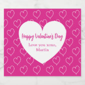 ホットピンク白ハートバレンタインデー スパークリングワインラベル (シングルラベル)