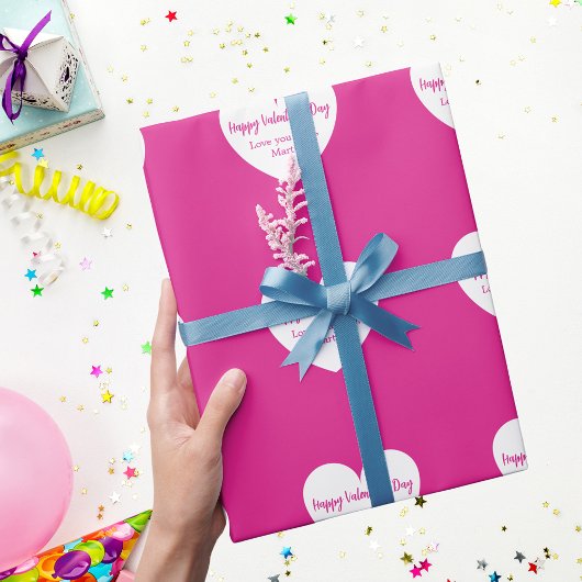 ホットピンク白ハートバレンタインデー ラッピングペーパー