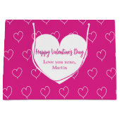 ホットピンク白ハートバレンタインデー ラージペーパーバッグ (正面)