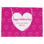 ホットピンク白ハートバレンタインデー ラージペーパーバッグ (裏面)