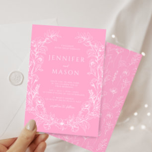 ホットピンク白フローラリースボヘミ結婚アン 招待状