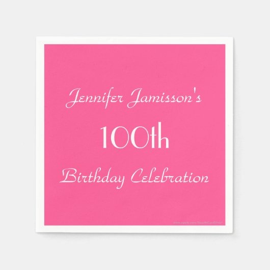 ホットピンク紙ナプキンス100th誕生日パーティー スタンダードカクテルナプキン (正面)