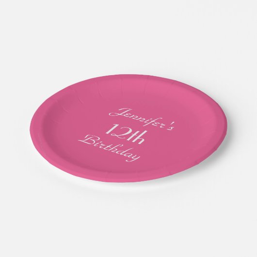 ホットピンク紙プレート12th誕生日パーティー ペーパープレート (アングル)