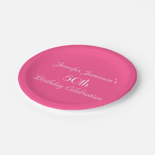 ホットピンク紙プレート50th誕生日パーティー ペーパープレート (アングル)
