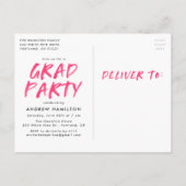 ホットピンク絵を描(ばちゃばちゃ)跳ねる写真卒業パーティー インビテーションポストカード (裏面)