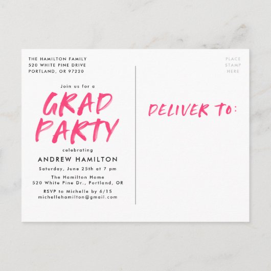 ホットピンク絵を描（ばちゃばちゃ）跳ねる写真卒業パーティー インビテーションポストカード (裏面)