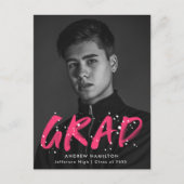 ホットピンク絵を描(ばちゃばちゃ)跳ねる写真卒業パーティー インビテーションポストカード (正面)