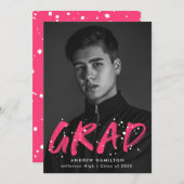 ホットピンク絵を描（ばちゃばちゃ）跳ねる写真卒業パーティー 招待状 (正面/裏面)