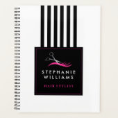 ホットピンク美容師用はさみと黒ストライプ プランナー手帳 (正面)