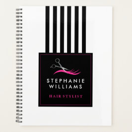 ホットピンク美容師用はさみと黒ストライプ プランナー手帳
