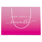 ホットピンク色のスクリプトエレガントのシグネチャ名 ラージペーパーバッグ (正面)