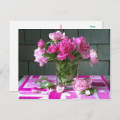 ホットピンク色の牡丹の上にホットピンクのヴィンテージシルクスカーフ シーズンポストカード (正面/裏面)