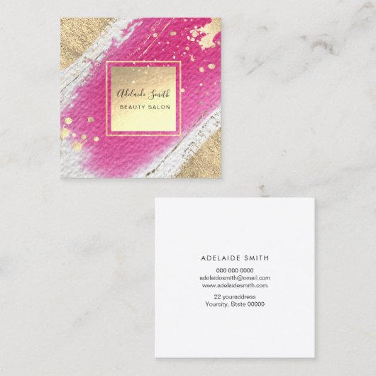ホットピンク色の金ゴールドフェイクフォイル詳細 スクエア名刺 (正面/裏面)
