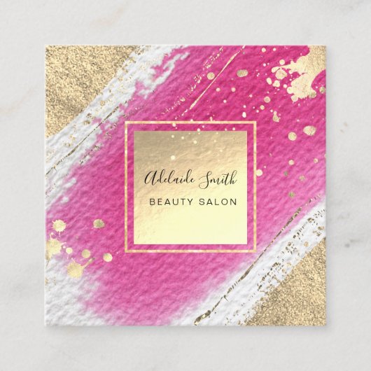 ホットピンク色の金ゴールドフェイクフォイル詳細 スクエア名刺 (正面)