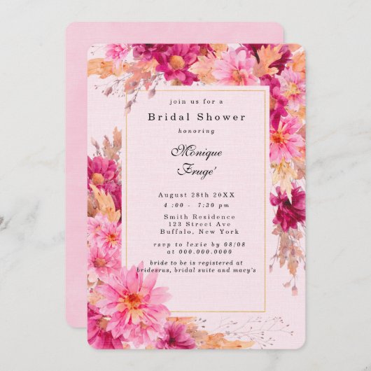 ホットピンク菊のブライダルシャワーの招待状 招待状 (正面/裏面)
