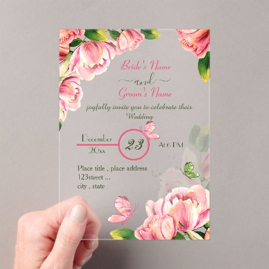 ホットピンク葉の花はオ結婚チョウ アクリル招待状 (インサイチュ (ポータブル))