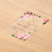 ホットピンク葉の花はオ結婚チョウ アクリル招待状 (レイダウン)