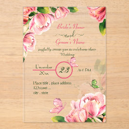 ホットピンク葉の花はオ結婚チョウ アクリル招待状