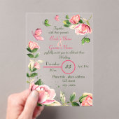 ホットピンク葉の花はオ結婚チョウ アクリル招待状 (インサイチュ (ポータブル))