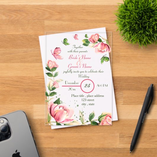 ホットピンク葉の花はオ結婚チョウ アクリル招待状 (インサイチュ (招待状))