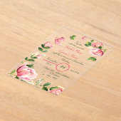 ホットピンク葉の花はオ結婚チョウ アクリル招待状 (レイダウン)