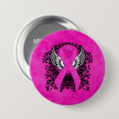 ホットピンク認識度リボンとウィング 缶バッジ (正面&裏面)