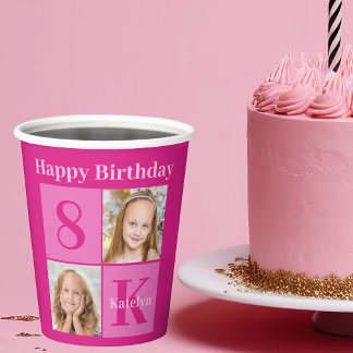 ホットピンク誕生日ガールかわいいカスタム写真パーティー 紙コップ